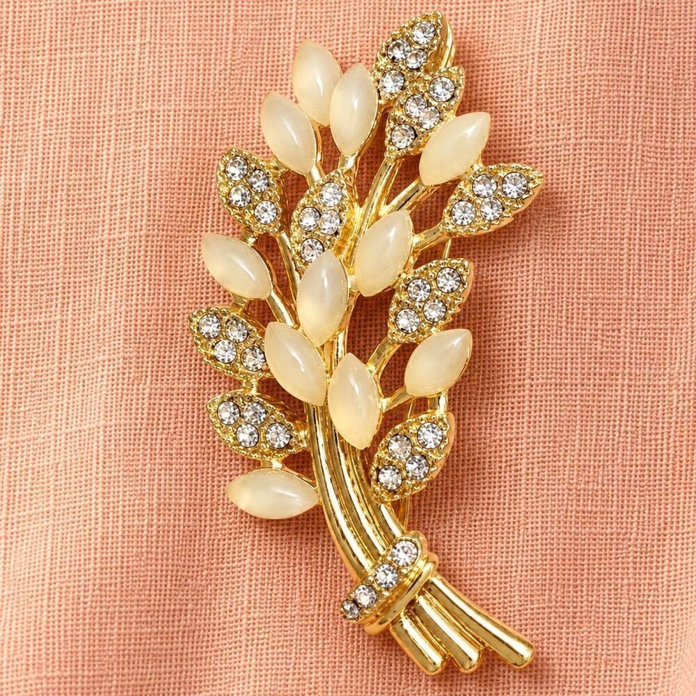 Golden Wheat Sheaf Brooch with Crystal Accents